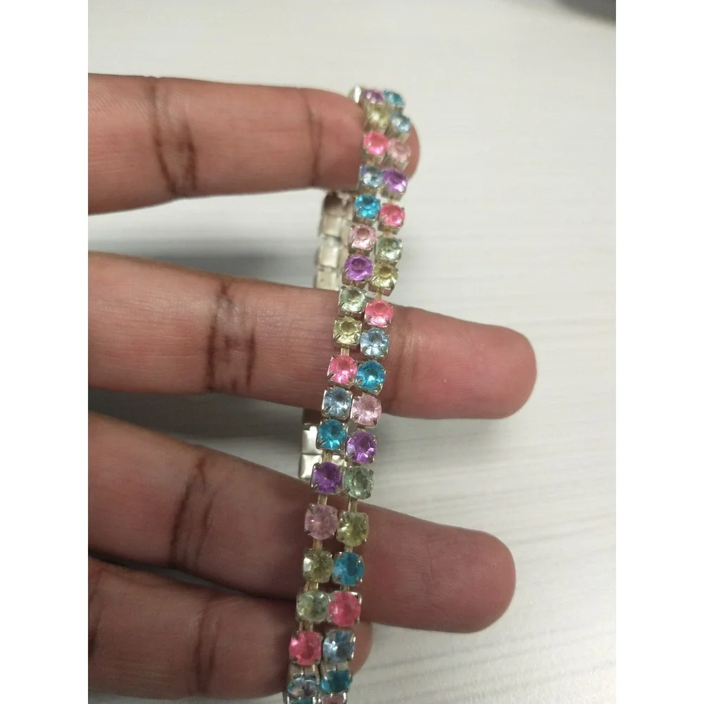 Vintage Colorful Rhinestone Silver Tone Stretch Tennis Bracelet Rainbow Band